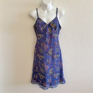 Express Blue Periwinkle Purple Paisley Print Retro Vintage Slip Lace Midi Dress